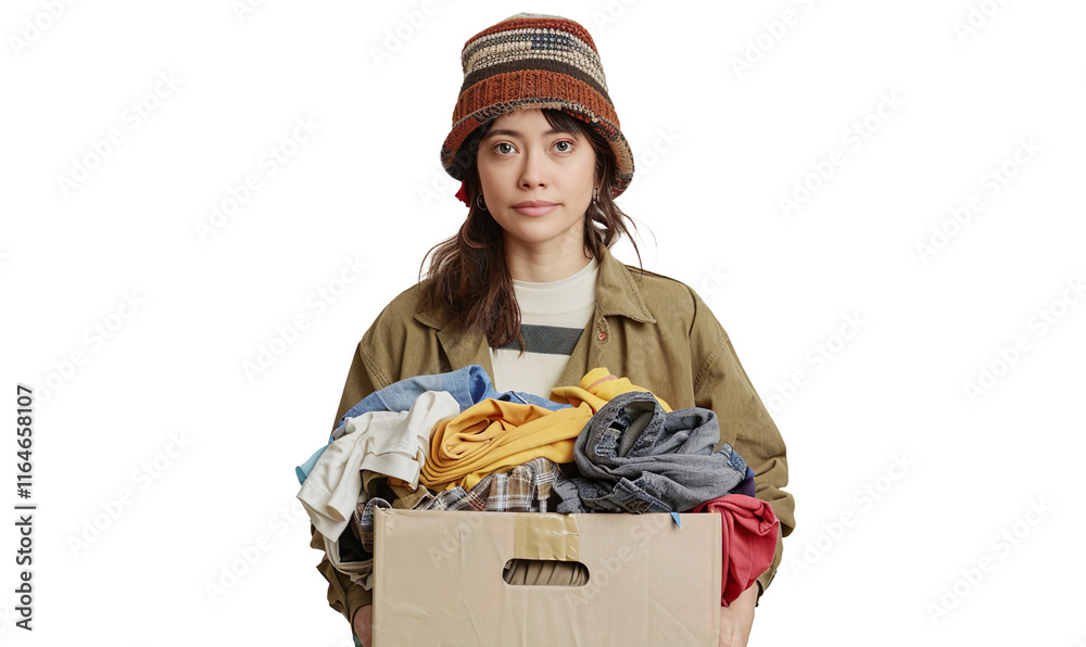 Recycling, Donation for poor, asian young woman pack, hand in holding donate box full with second hand clothes on a transparent background Recycling, Donation for poor, asian young woman pack, hand in holding donate box full with second hand clothes on a transparent background