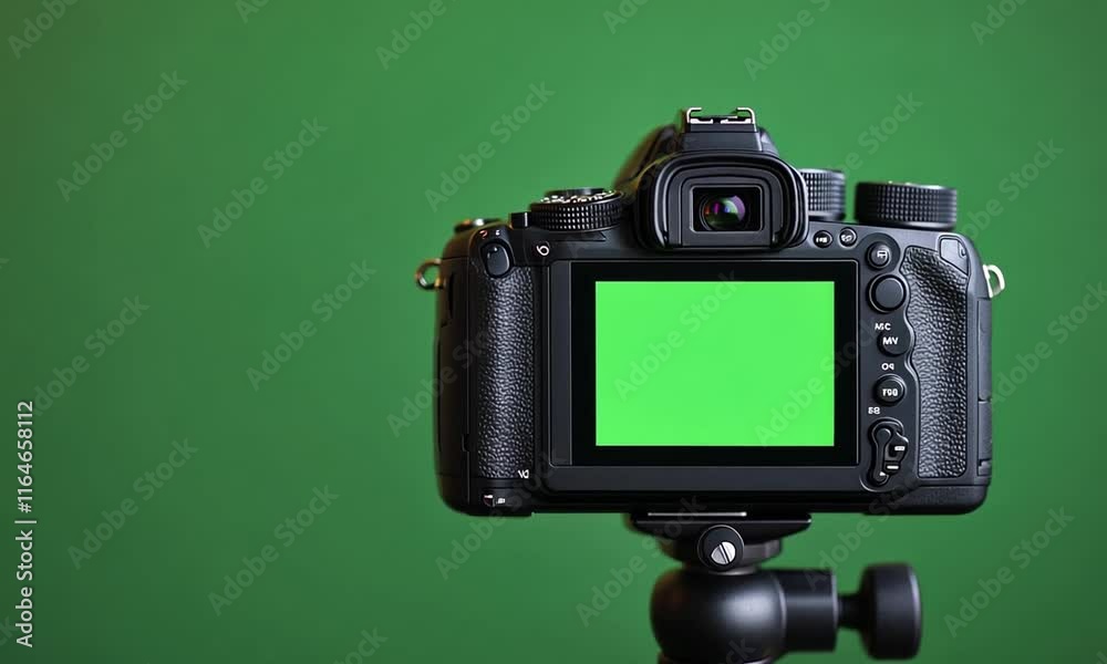 Black digital camera with green screen on a tripod