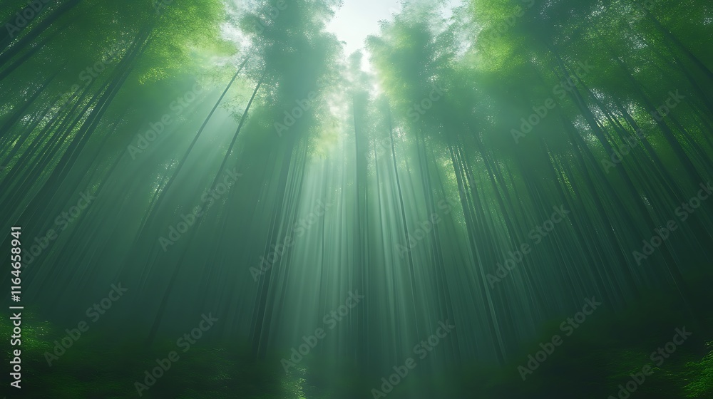 Fototapeta premium Sunbeams Illuminate Misty Bamboo Forest
