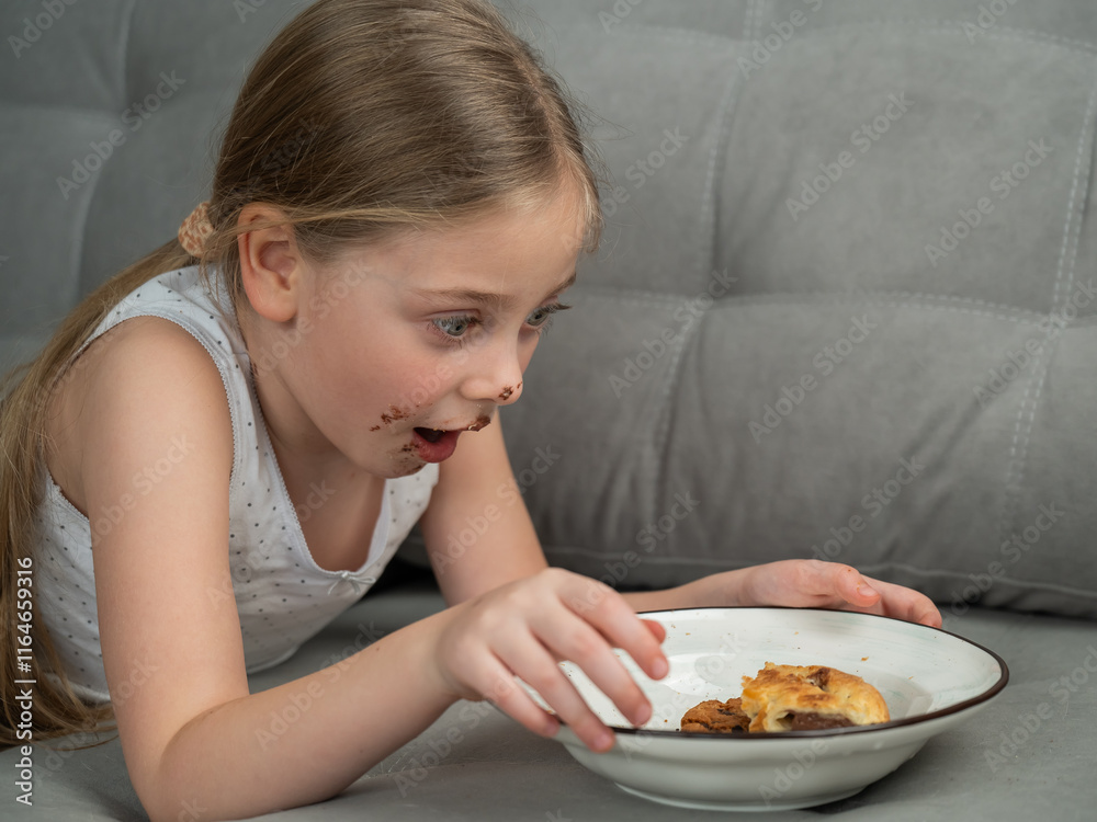 A cute little girl smeared in chocolate eats cookies while lying on the sofa. A cute little girl smeared in chocolate eats cookies while lying on the sofa.