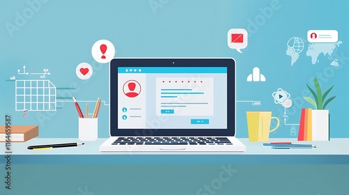 A laptop open on a desk with a social media profile page visible on the screen, surrounded by office supplies 