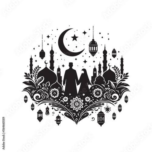 Black Color eid Silhouette Vector Illustration, Solid White Background 83.eps