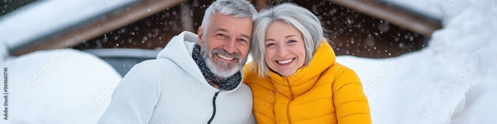 A couple is smiling and posing for a picture in the snow. The man is wearing a white jacket and the woman is wearing a yellow jacket. Scene is happy and cheerful A couple is smiling and posing for a picture in the snow. The man is wearing a white jacket and the woman is wearing a yellow jacket. Scene is happy and cheerful