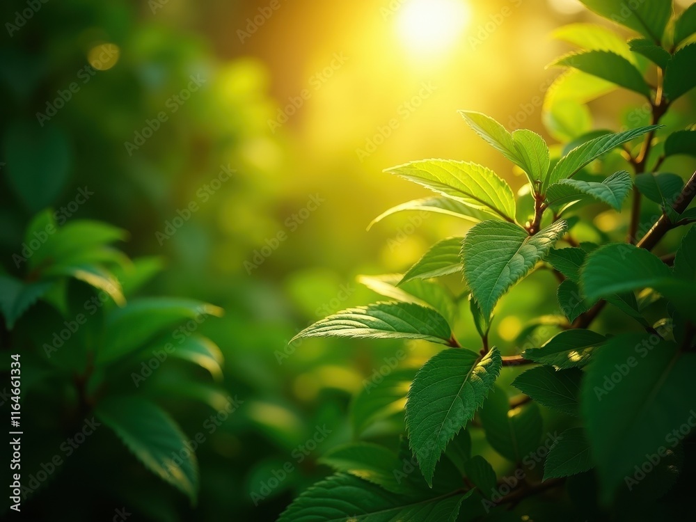 Obraz premium Sunlight filtering through lush green leaves in a serene garden during the golden hour