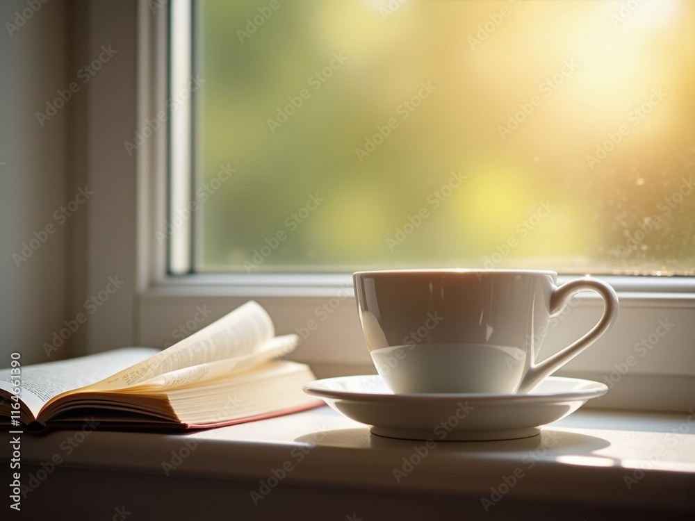 Sunlit morning moments with a warm cup and an open book by the window Sunlit morning moments with a warm cup and an open book by the window
