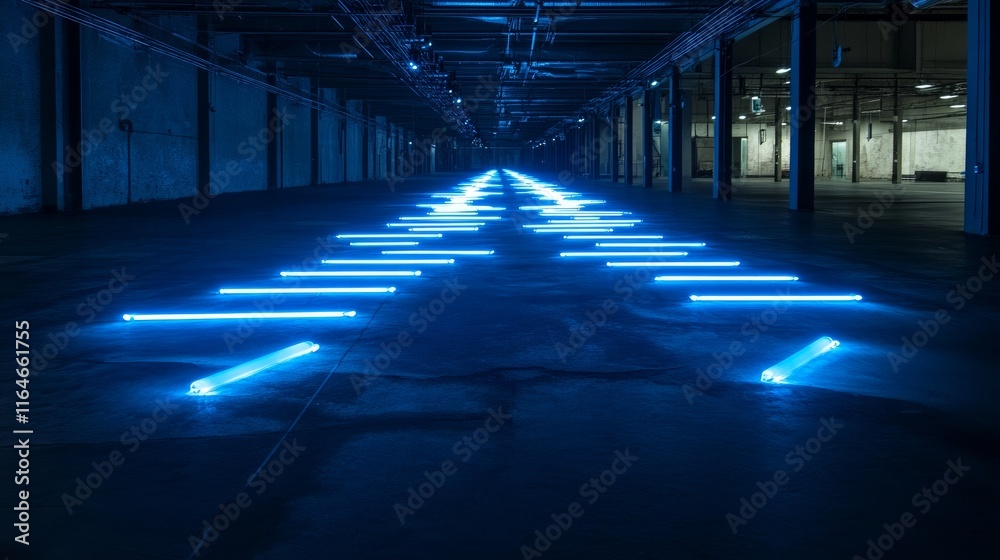 Fototapeta premium An empty dark room illuminated by long blue neon arrows.