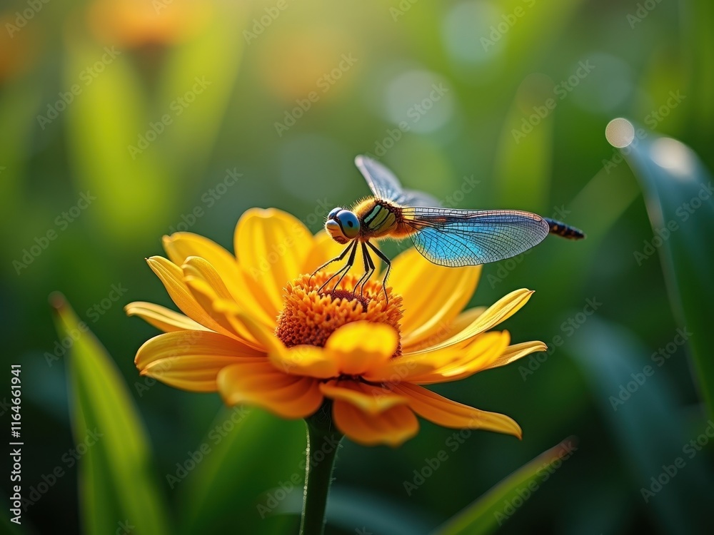 Dragonfly hovering above vibrant yellow flower in a sunlit garden filled with lush green foliage during a warm afternoon Dragonfly hovering above vibrant yellow flower in a sunlit garden filled with lush green foliage during a warm afternoon