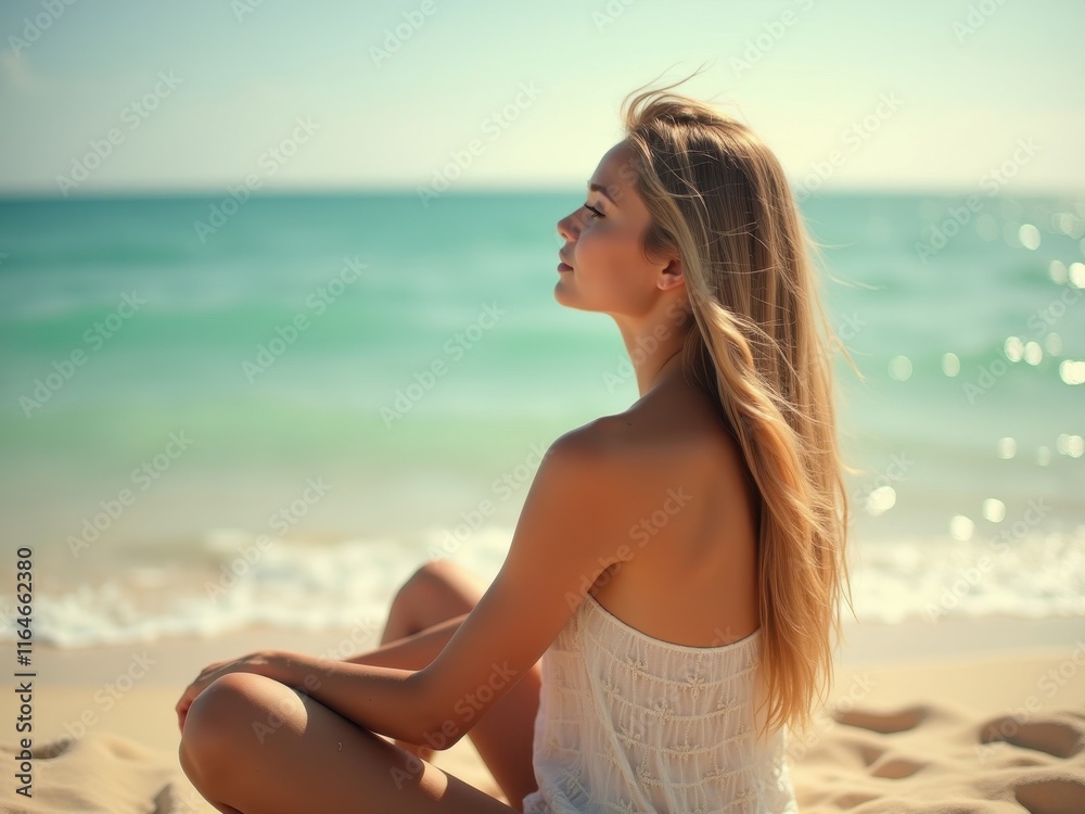 Woman with long hair sitting on the beach, gazing at the ocean, enjoying the serene atmosphere under the clear sky during a sunny day Woman with long hair sitting on the beach, gazing at the ocean, enjoying the serene atmosphere under the clear sky during a sunny day