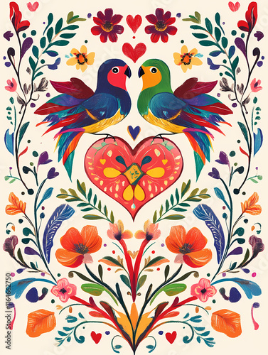 Colorful illustration of two lovebirds surrounded by floral patterns and hearts in a vibrant design