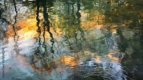  an abstract composition generated by the reflection of light on a water or glass surface.  The reflection distorts and fragments the surrounding environment,