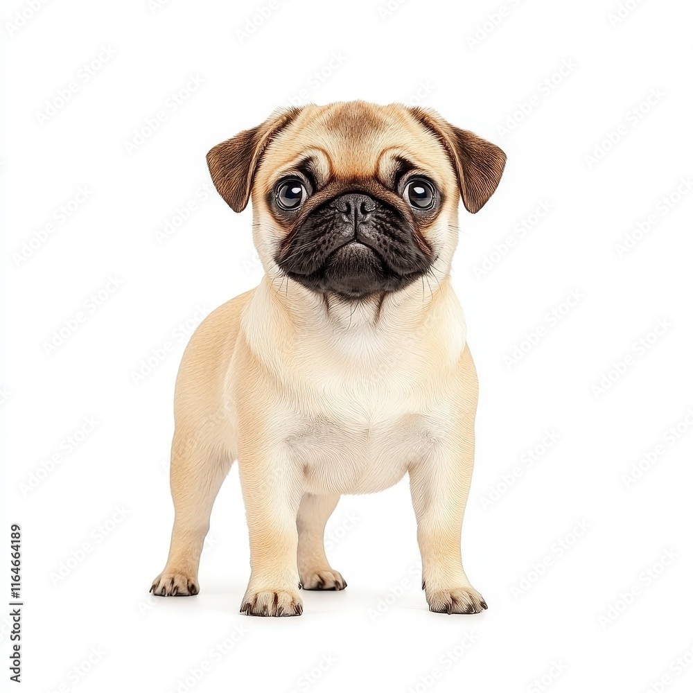 Adorable pug standing proudly, showcasing its unique features and charming personality in a clean, white background. Adorable pug standing proudly, showcasing its unique features and charming personality in a clean, white background.