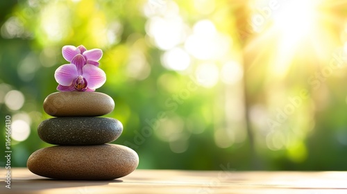 Stacked stones with a vibrant orchid create peaceful focal point in the zen retreat photo