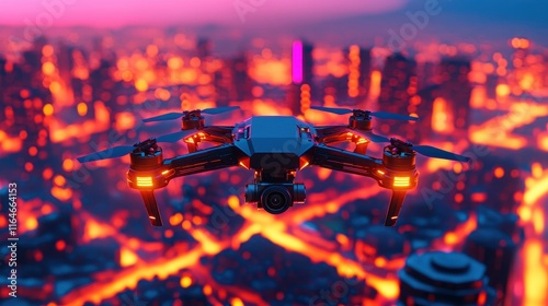 Wallpaper Mural A drone hovers above a vibrant cityscape at dusk, illuminated by glowing lights, showcasing a stunning blend of technology and urban beauty. Torontodigital.ca