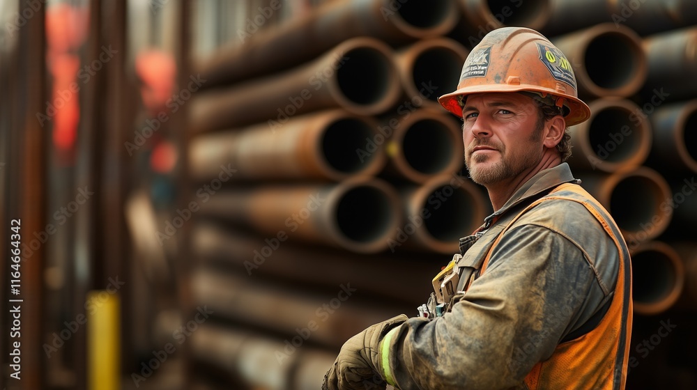 A construction worker actively interacting with steel pipes. A construction worker actively interacting with steel pipes.