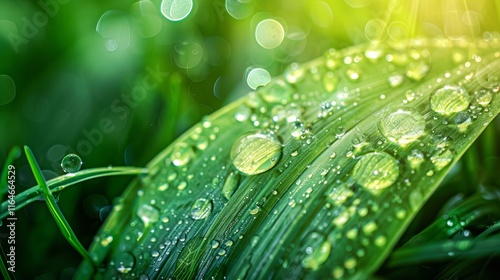 Close-up macro photograph showcasing numerous water droplets adhering to a vibrant green grass blade.  The droplets exhibit high surface tension, displaying clear reflections and photo