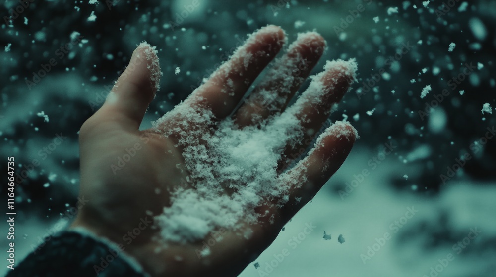 A hand catching falling snow. A hand catching falling snow.