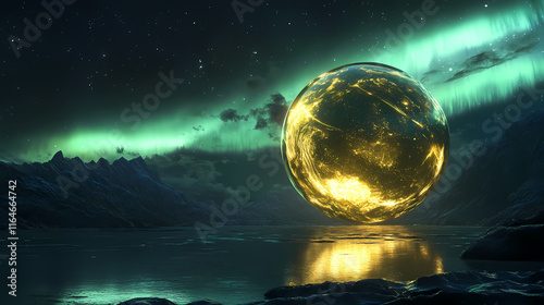 Softly glowing auroral light reflected in an abstract golden sphere, radiant, shine, auroral. Auroral. Illustration