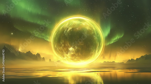 Softly glowing auroral light reflected in an abstract golden sphere, sparkle , shine. Auroral. Illustration