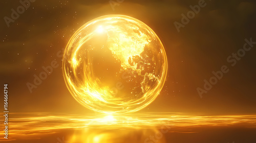 Softly glowing auroral light reflected in an abstract golden sphere, sphere, orb, shine. Auroral. Illustration