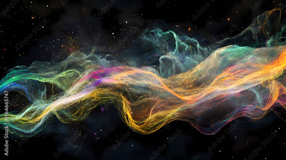 Vibrant multicolored filaments floating in the darkness, smoke, vapors, auroral displays. Auroral. Illustration Vibrant multicolored filaments floating in the darkness, smoke, vapors, auroral displays. Auroral. Illustration