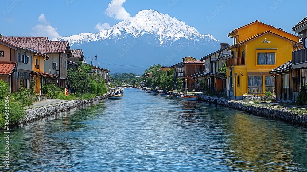 Naklejka premium Canal Houses Mountain View Scenic Japanese Village