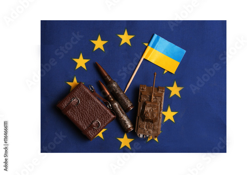 uitcase and cartridges with the flag of Ukraine on the background of the EU flag. Concept of the desire of the country to join the European Union photo