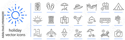 holiday icons, summer travel icon set, beach, hotel, ocean and more simple symbols, linear vector illustration, outline editable stroke