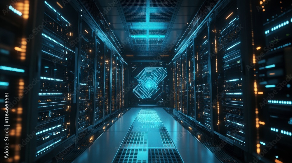 Obraz premium Futuristic AI Server Room with Neural Network Graphics