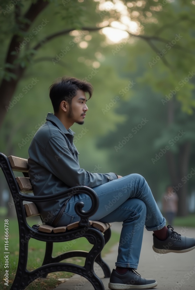 Obraz premium person sitting alone on a park bench, looking contemplative with a distant gaze