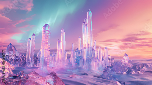 Ice world with crystal palaces and auroral skies. Auroral. Illustration