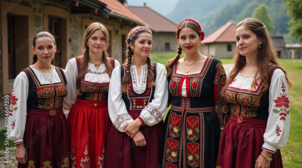 Naklejka premium Women in traditional Bulgarian costumes with intricate embroidery, captured outdoors in a rural village, emphasizing vibrant cultural heritage.