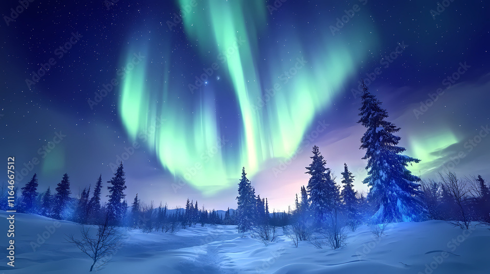 Naklejka premium Silent night sky above the snow-covered trees of a frozen landscape, shimmering curtains of emerald and indigo auroral. Auroral. Illustration