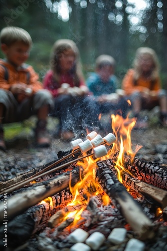 Group of children roasting marshmallows over a campfire in the woods during evening gathering