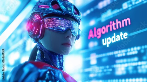 Futuristic cyborg woman looks an Algorithm update sign on a digital screen, concepts of AI advancements and search engine algorithm updates in SEO.