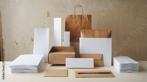 There is a collection of various boxes and envelopes placed on a table