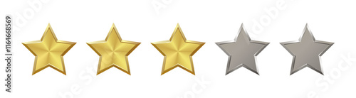 Level 3 out of 5 shiny realistic gold, silver star with metallic effect. Five elements for medal, award, product rating, hotels status. Customer feedback, review. Isolated vector EPS10. Png