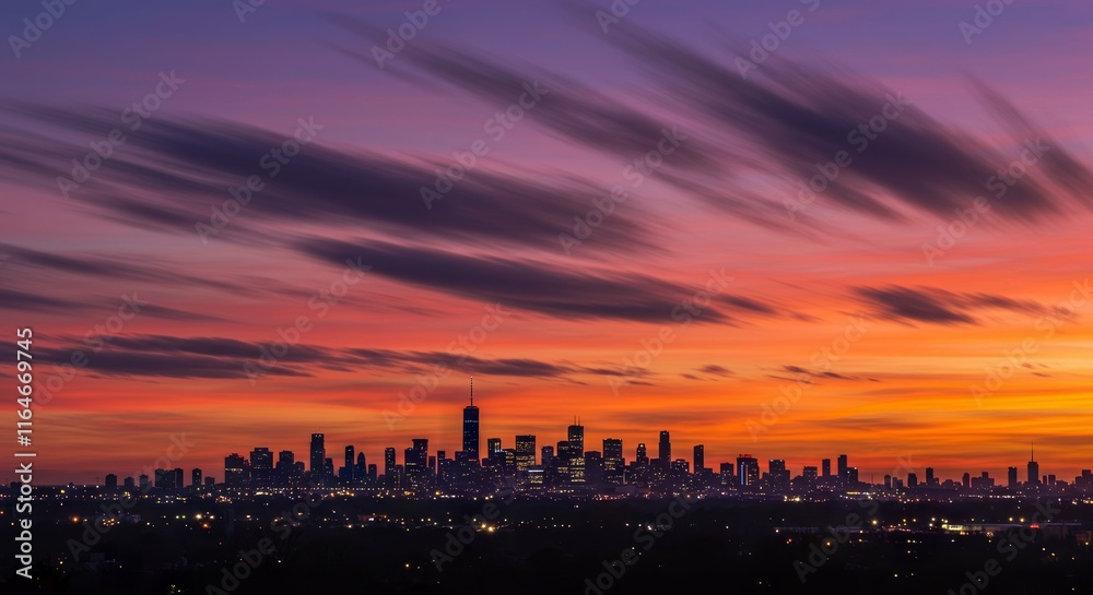 Vibrant urban skyline at sunset with dramatic cloud streaks Vibrant urban skyline at sunset with dramatic cloud streaks