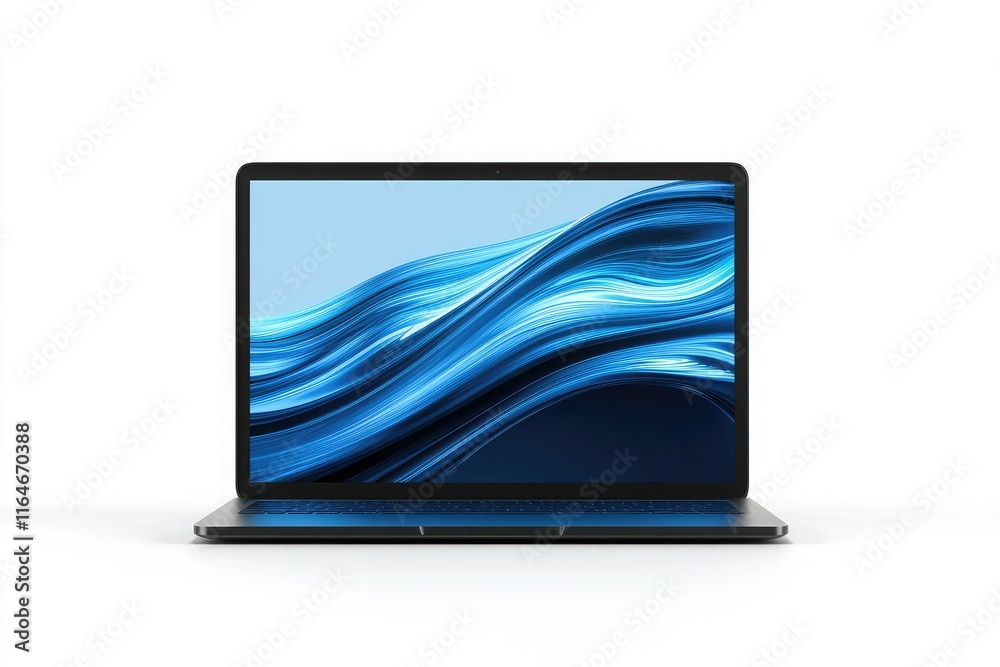 A sleek laptop displaying flowing blue graphics on its screen.
