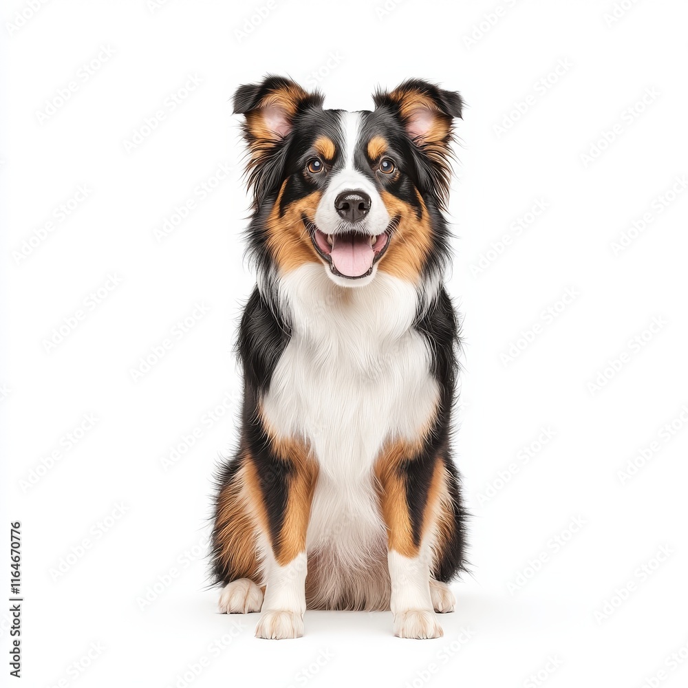A cheerful and playful Australian Shepherd sitting attentively with a bright expression, showcasing its vibrant fur and friendly demeanor.