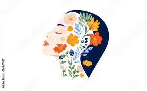 A colorful floral illustration of a woman's profile, designed with space for copy. This header represents the concepts of knowledge, logic, beauty, memory, and therapy, focusing on mental health.