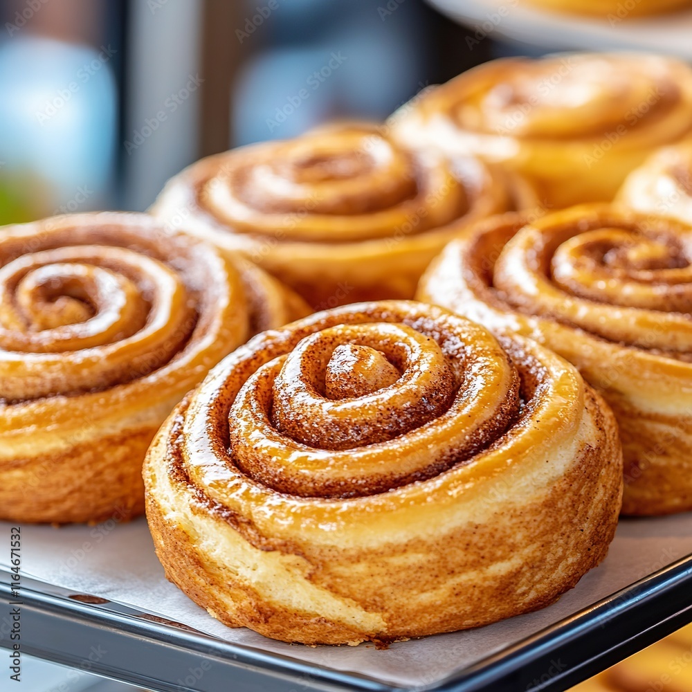 Fototapeta premium Artisan cinnamon swirl brioche displayed in a bakery for early morning customers