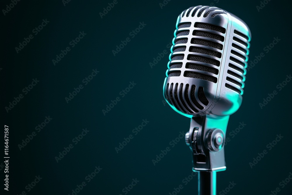 Fototapeta premium Microphone and stage illumination. Concert and musical concept.