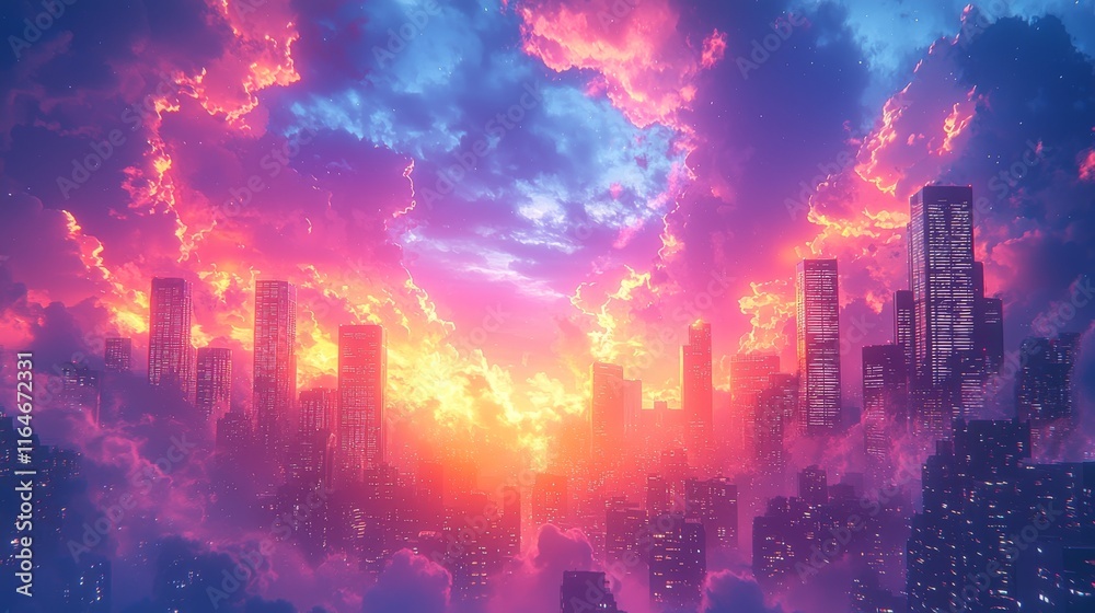 Obraz premium A brightly colored, modern cityscape with nostalgic elements at sunset, illustrated in a unique style