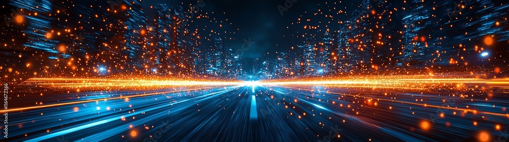 Obraz premium A bustling city street at night bathed in neon lights and streaks of motion blur, embodying the spirit of urban life and the city's rapid pace