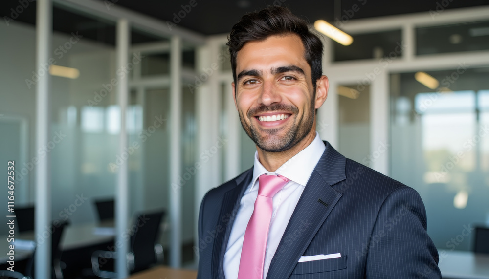 Fototapeta premium Confident businessman in formal attire smiling in modern office during daytime work hours