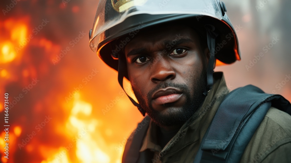 Brave firefighter courageously facing flames in action scene Brave firefighter courageously facing flames in action scene