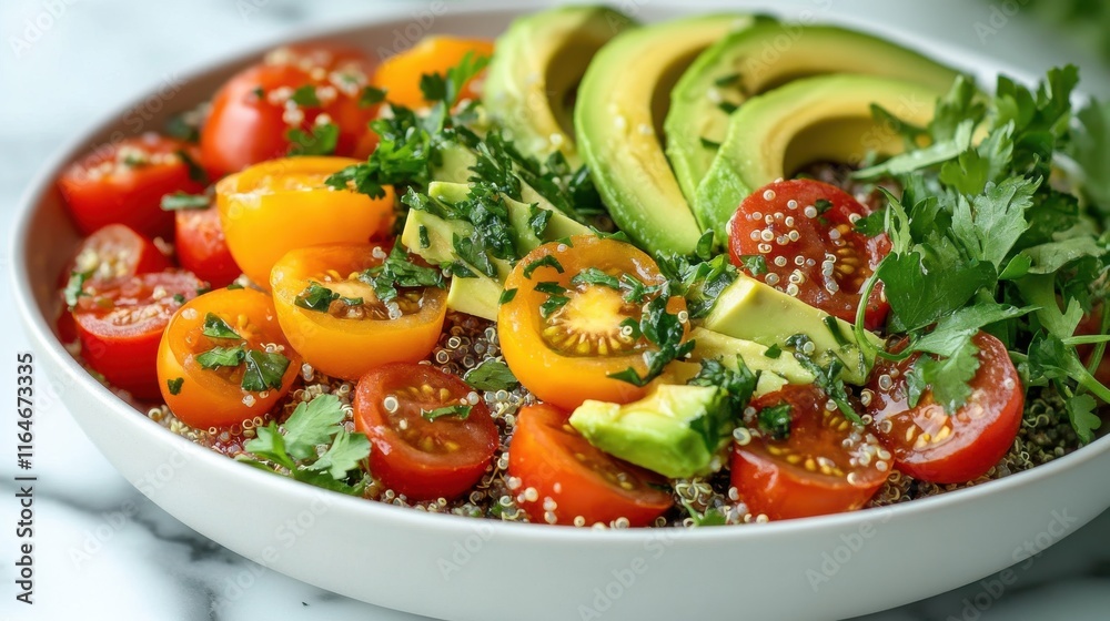 Quinoa salad with cherry tomatoes avocado and herbs in white bowl Quinoa salad with cherry tomatoes avocado and herbs in white bowl