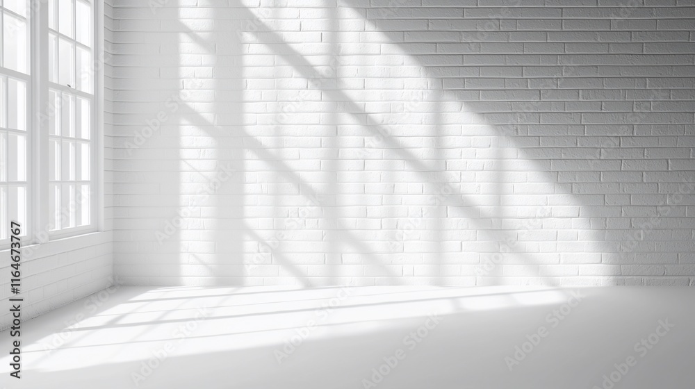 Fototapeta premium Sunlight streams through window onto white brick wall and floor.