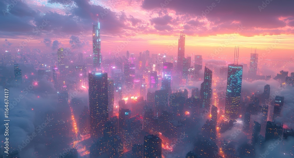 Fototapeta premium A digital cityscape in a neon-drenched sci-fi anime, bustling with activity