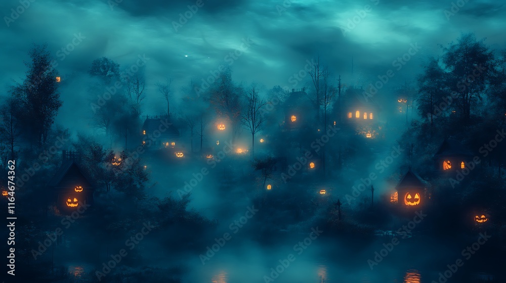 Obraz premium haunting foggy graveyard with glowing jack-o'-lanterns for Halloween